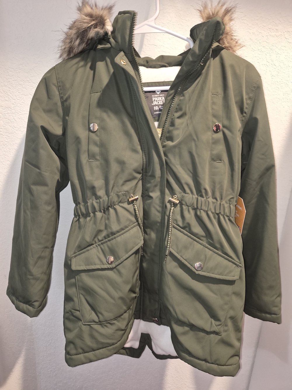 Girls' Olive Green Faux Fur Trim Parka Jacket